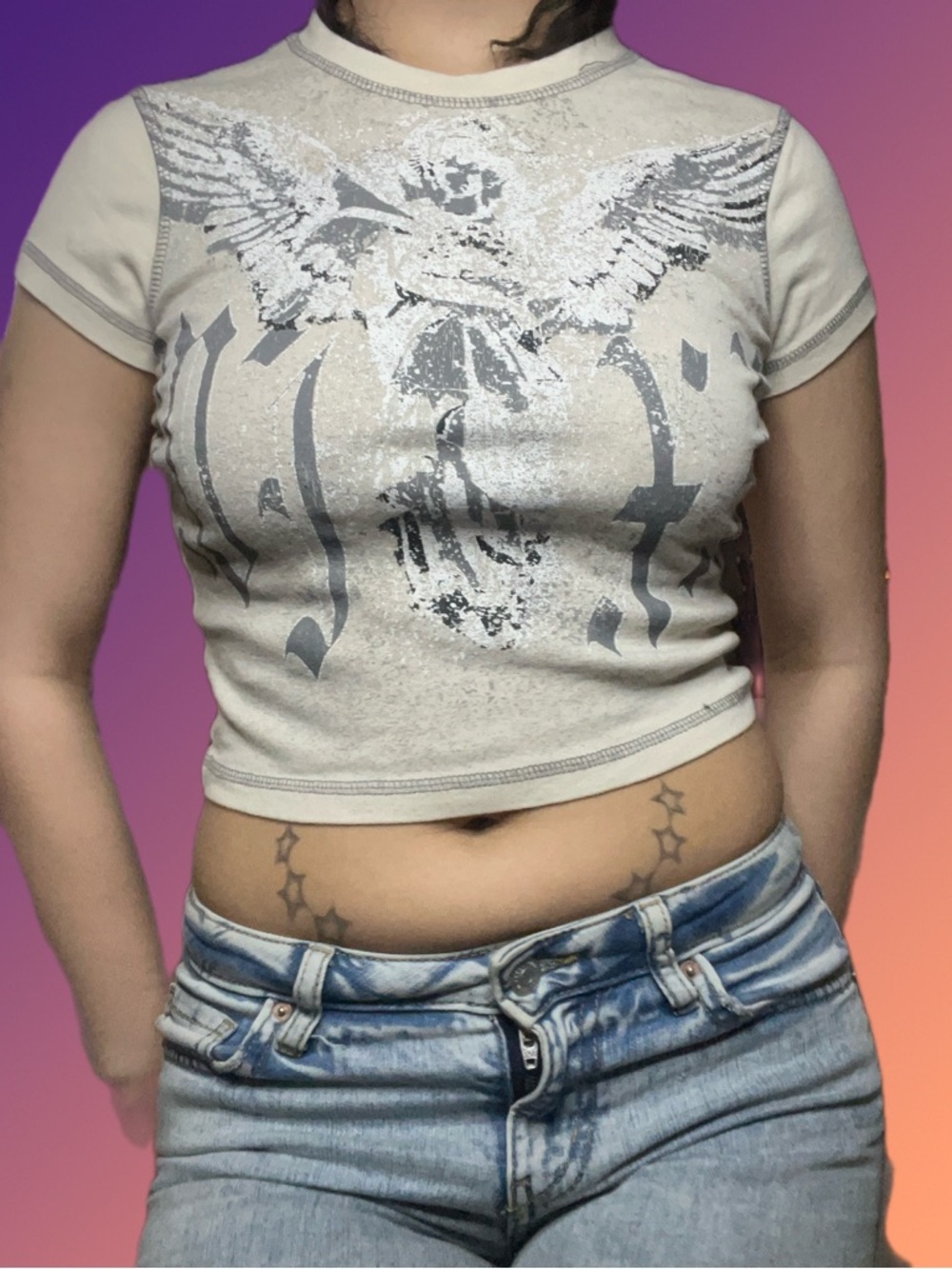 Beige Crop Tee with Silver Wing Graphic
